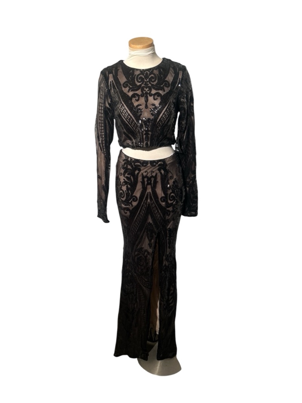 Lulu's Black Lace Sheer Embroidered Two-Piece Gown with Side Slit Size Small NEW - Picture 1 of 10